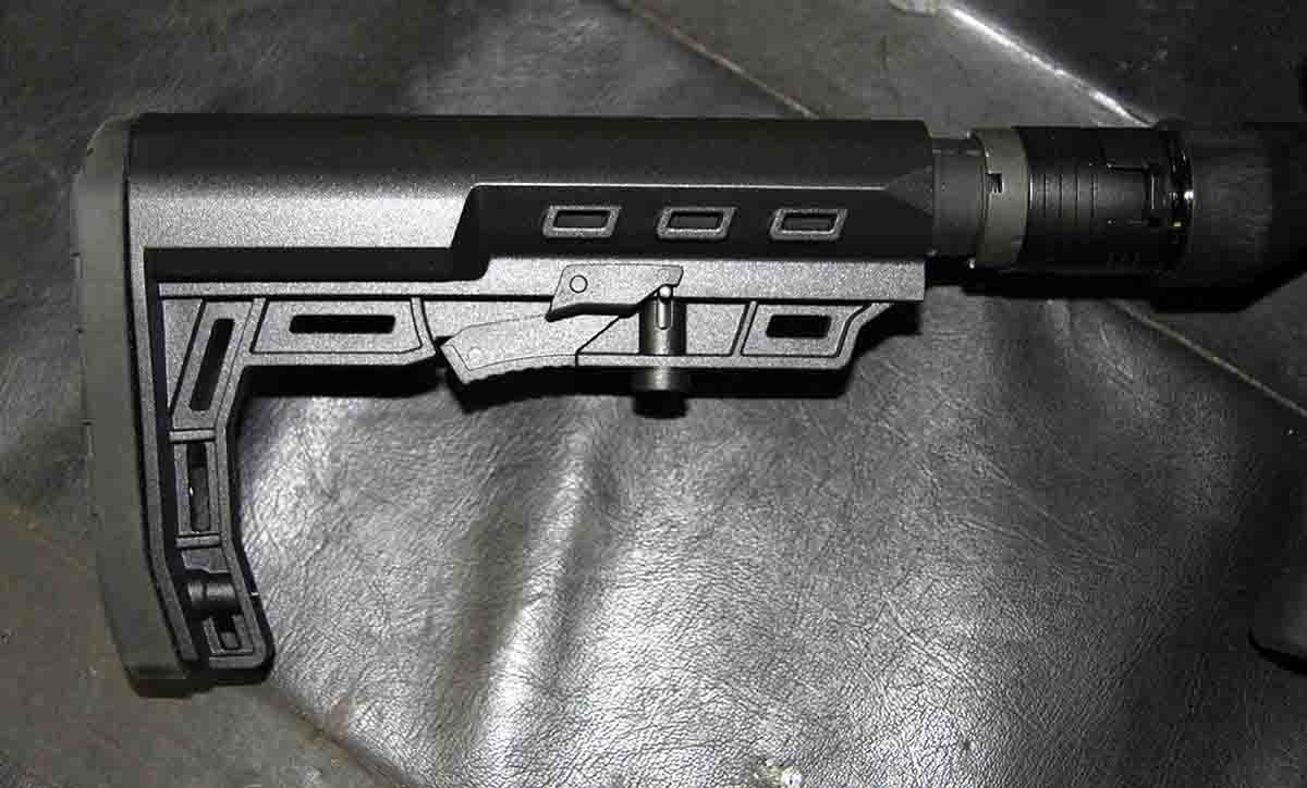 The XL Lite Chassis includes a LUTH-AR buttstock. The adjustable design allows creating length of pulls from 12 to 15 inches via five click-in positions controlled by a spring-loaded underlever.